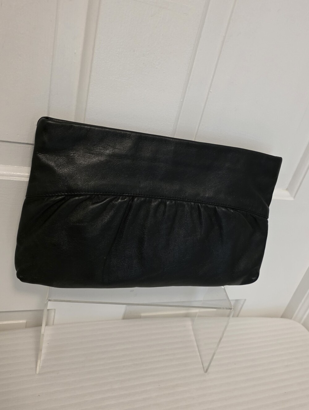 Tano Black Leather Large Clutch with Gathered Detail, Classic, Lightweight